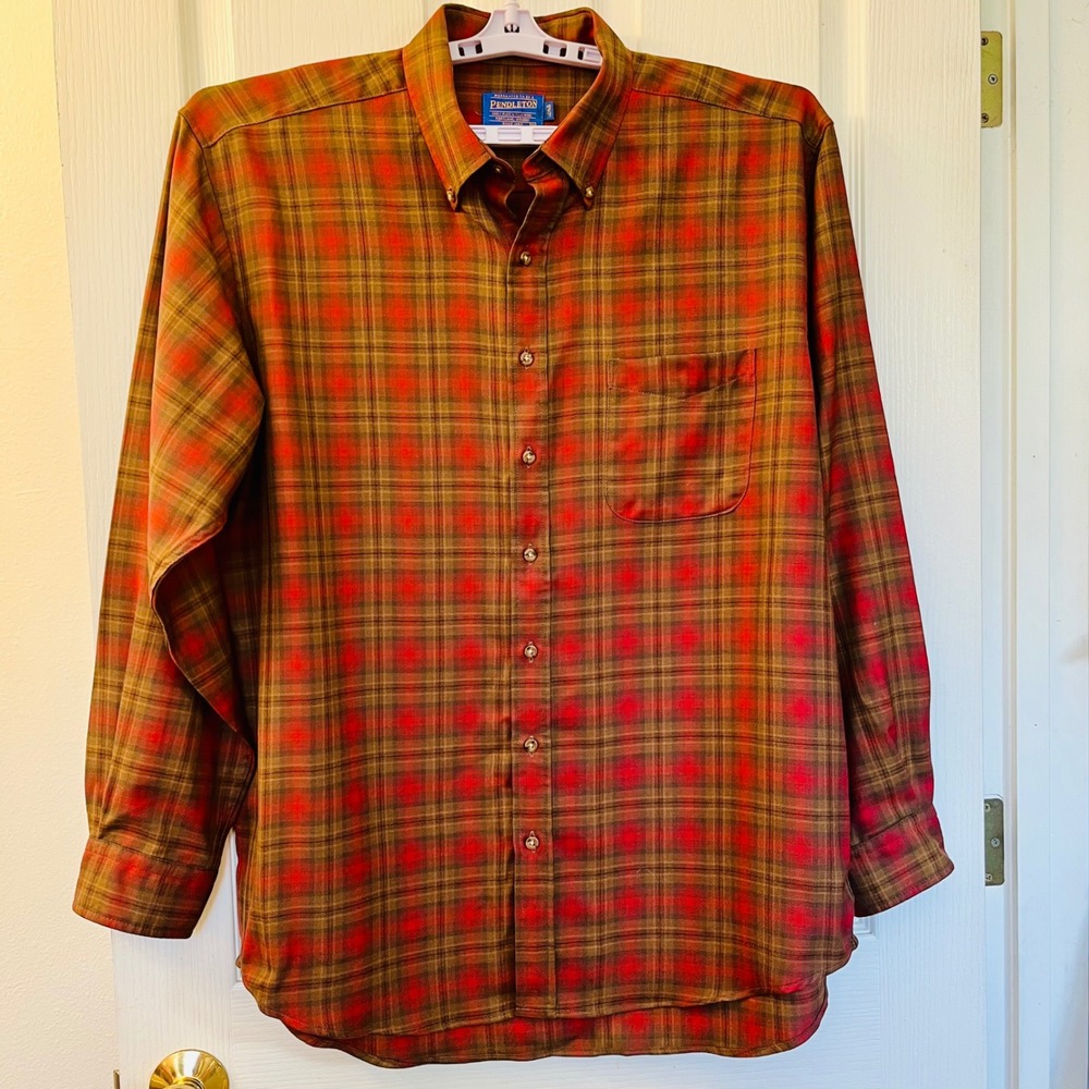 Sir Pendleton Fireside Button Down Men XL Long Red Brown Plaid Worsted Wool VTG